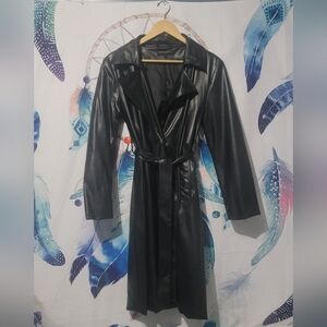 Black faux leather trench coat